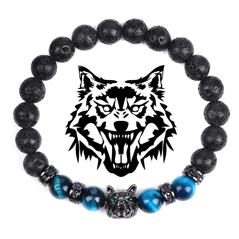 Wolf Charm Bracelets Men Natural Black Lava Stone - Bara Bros Main image